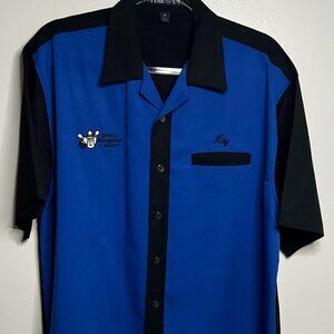 Timeout Womens Bowling Shirt Size M Vintage 2002 Blue Black Button Up
